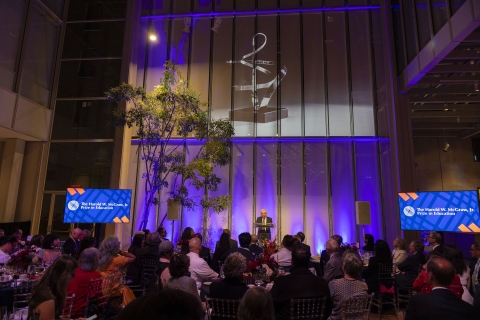 Guests watching Dr. Edmund Gordon speak at the podium at the Harold W. McGraw Jr., Prize in Education summit