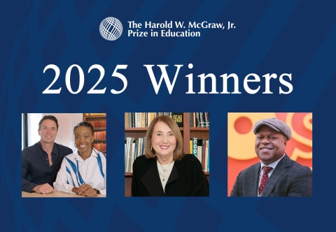 Headshots from left to right of the four 2025 McGraw Prize in Education winners including Joe Wolf and Rapelang Rabana, Cathy N. Davidson, and Dr. Frederci Bertley